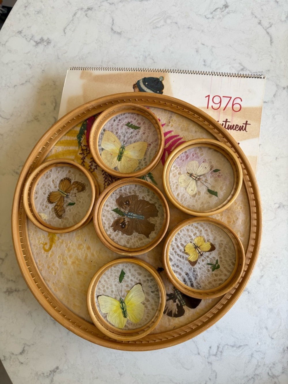 Vintage Butterfly Tray and Coasters Set - Yellow & Gold Boho Chic MCM